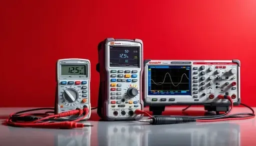 Kırmızı fon önünde sıralanmış iki multimetre ve bir osiloskop cihazı, önlerinde ölçüm probları.
