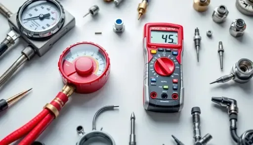 Beyaz zeminde basınç göstergesi, kırmızı dijital multimetre ve çeşitli metal bağlantı parçaları.