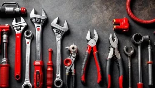 Gri zeminde düzenli dizilmiş kırmızı-siyah renkli İngiliz anahtarları, penseler ve çeşitli el aletleri.