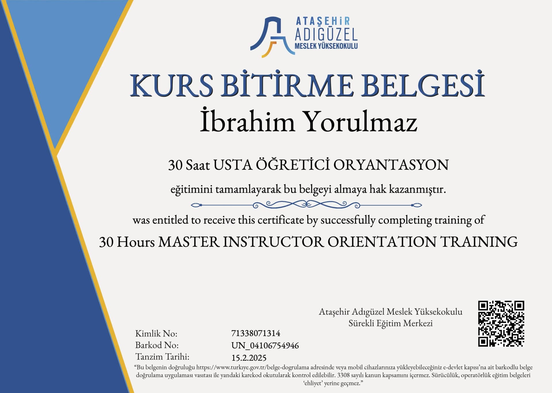 30 Saat USTA ÖĞRETİCİ ORYANTASYON Belge görseli