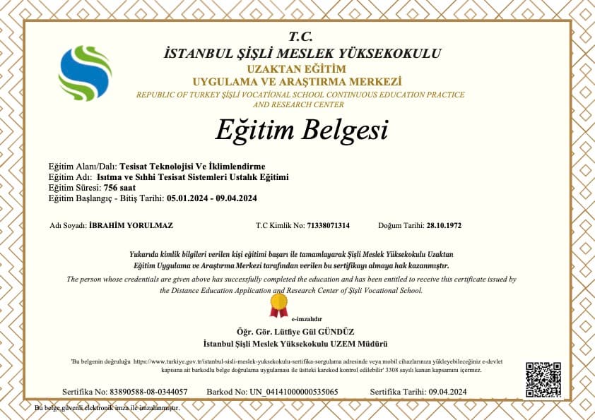 Isıtma ve Sıhhi Tesisat Sistemleri Ustalık Eğitimi belge görseli