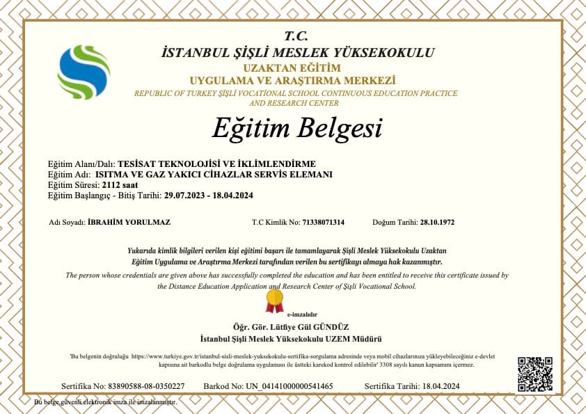 ISITMA VE GAZ YAKICI CIHAZLAR SERVIS ELEMANI belge görseli