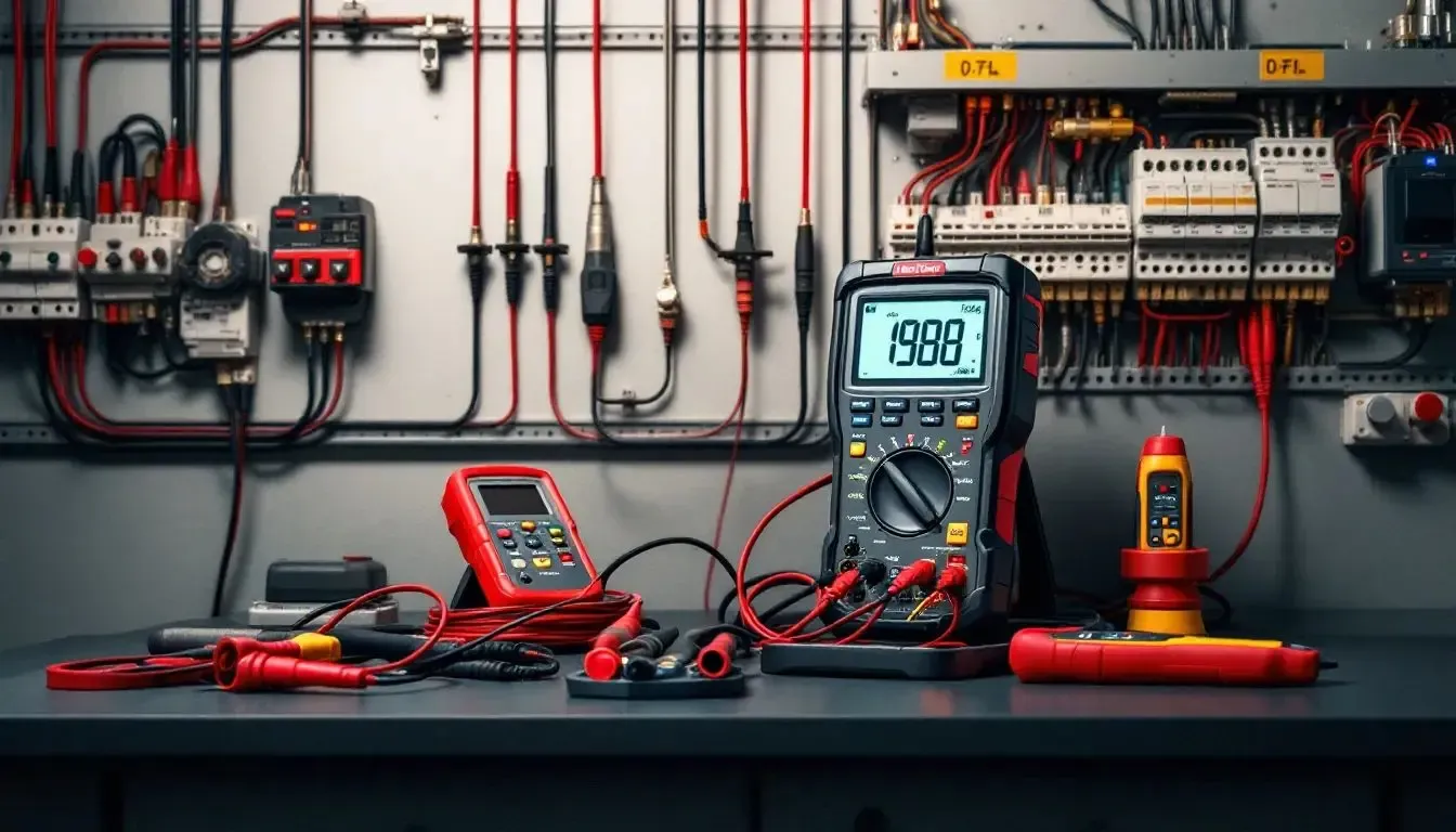 Elektrik panosu önünde tezgah üzerinde dijital multimetreler ve test probları, arkada sigorta ve kablo bağlantıları.