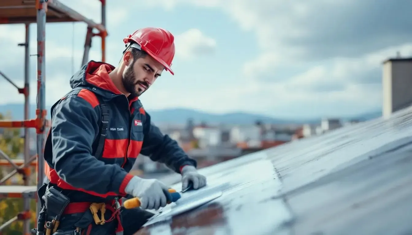 Kırmızı bareti ve lacivert-kırmızı iş kıyafetiyle çatıda kiremit montajı yapan işçi.