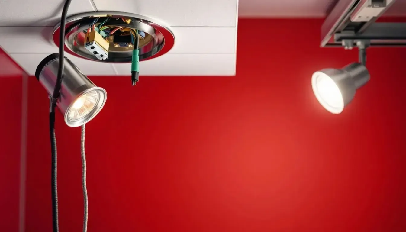 Kırmızı duvar önünde tavana monte edilmiş spot lambaların elektrik bağlantı noktası ve kabloları.