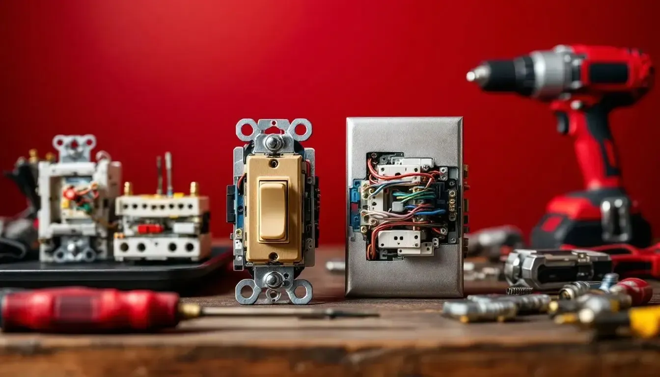 Kırmızı fon önünde elektrik anahtarı ve priz kutusunun iç yapısı, çevresinde çeşitli elektrik tamir aletleri.