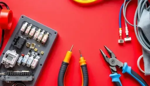 Kırmızı zeminde elektrik sigortaları, sarı tornavidalar, mavi kablo kesici ve bağlantı kabloları.